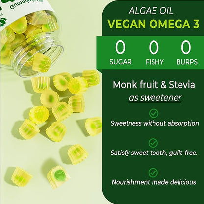 Omega 3 Gummies 2200mg from Algae Oil (DHA 640mg & EPA 290mg) for Women & Men, Vegan Omega 3 Fish Oil Alternative, w/CoQ10, Astaxanthin, Vitamin A, E, D3 for Brain, Eye, Antioxidant,Sugar Free 2Packs