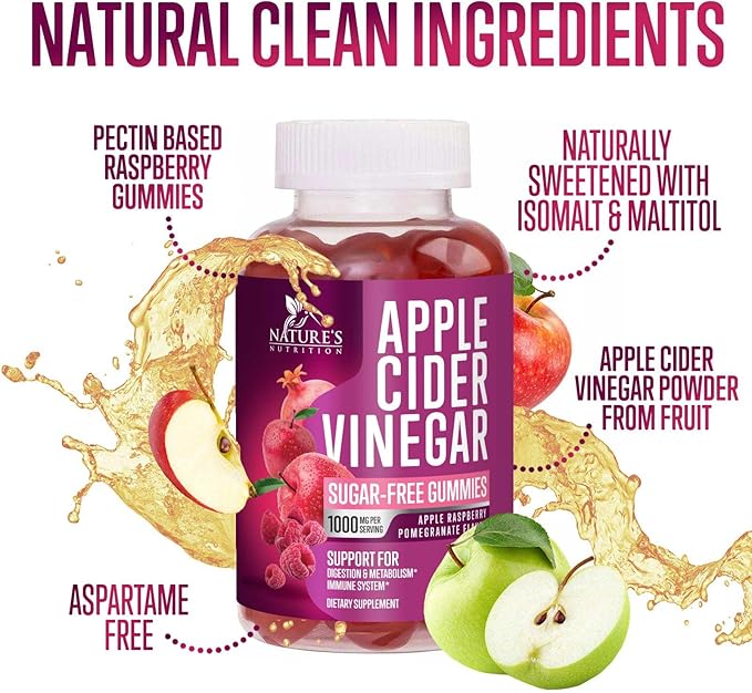 Apple Cider Vinegar Gummies 1000mg per Serving - Sugar Free Max Strength ACV Gummy Vitamins Supplement, Advanced Formula, Vitamin B12 Supports Metabolism & Energy, Keto Friendly, Vegan, 60 Gummies