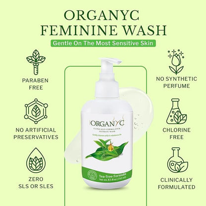 Organyc Feminine Intimate Wash for Sensitive Skin, 250 ml, pH-Balanced Cleanser with Organic Tea Tree & Botanical Extracts