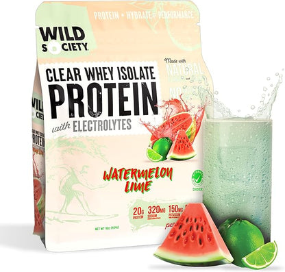 WILD SOCIETY - Clear Protein Powder + Electrolytes - 20g Clear Whey Protein Isolate Drink - Zero Sugar - 0g Lactose - Natural Flavors & Colors - Muscle Post Workout Recovery - Watermelon Lime, 16 oz