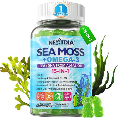 Sea Moss Gummies + Algae Omega-3 for Men Women, Sugar-Free Vegan 15-IN-1 Irish Seamoss Superfood with/EPA DHA, Vitamins B12 D3, Turmeric, Elderberry, Burdock Root, Support Energy, Brain, Immune 1 Pack