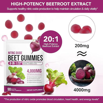 2 Pack Beet Root Gummies Enriched with 200mg CoQ10 & Beet Root Extract for Blood Pressure, Heart Health Support, Energy Level Suport, Promoting Nitric Oxide, W/ Vitamin B12, C, Sugar-Free | 90 Chews