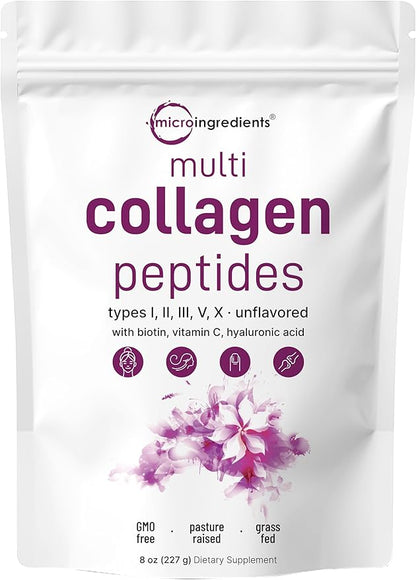 Micro Ingredients Multi Collagen Peptides Powder, 8oz – Hydrolyzed Type I,II,III,V,X with Biotin, Hyaluronic Acid, Vitamin C – Unflavored Collagen for Women & Men, Easy Dissolve, 20 Servings
