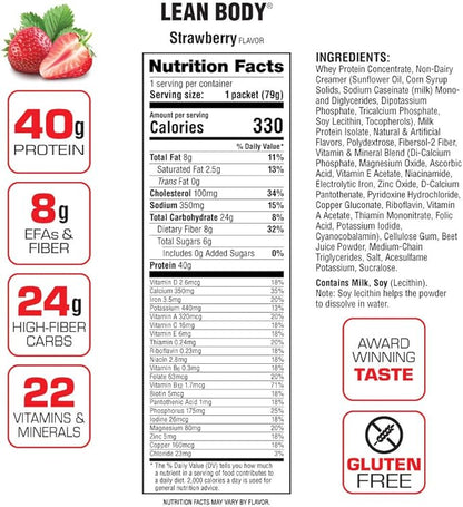 Lean Body All-in-One Strawberry Meal Replacement Shake. 40g Protein Whey Blend, 8g Healthy Fats & Fiber, 22 Vitamins and Minerals, No Artificial Color, Gluten Free, (80 MRP Packets)