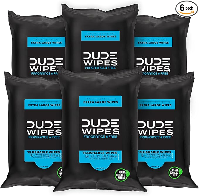 DUDE Wipes Unscented Travel Wipes - 6 Packs of 18 (108 Count) - Extra-Large Adult Flushable Wipes for Sensitive Skin - Infused with Vitamin E and Aloe - Septic and Sewer Safe