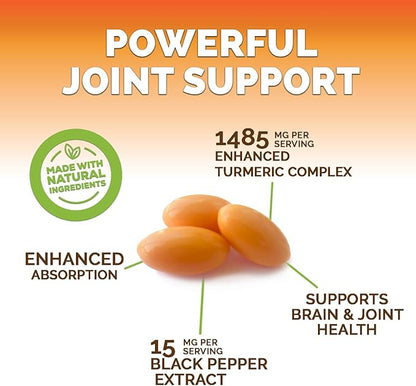 Turmeric Curcumin Supplement Complex - BioPerine Black Pepper Extract Advanced Absorption Curcuminoids for Nature's Joint Support - Antioxidant Herbal Supplement for Women & Men, Non-GMO - 60 Softgels