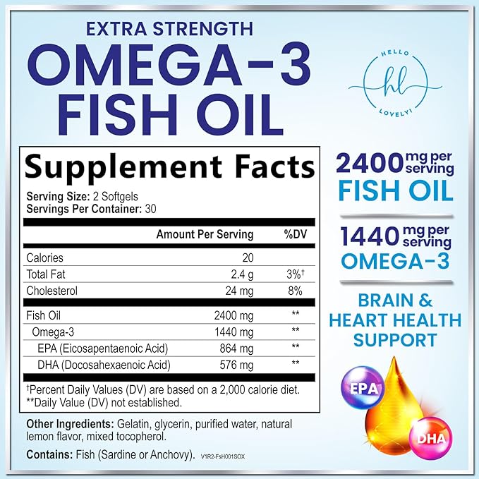 Omega 3 Fish Oil Supplements - 2400mg Fish Oil Per Serving - Triple Strength Omega-3 with EPA & DHA Fatty Acids - Natural Heart, Brain & Immune Support - Wild Caught, Bottled in USA - 60 Softgels