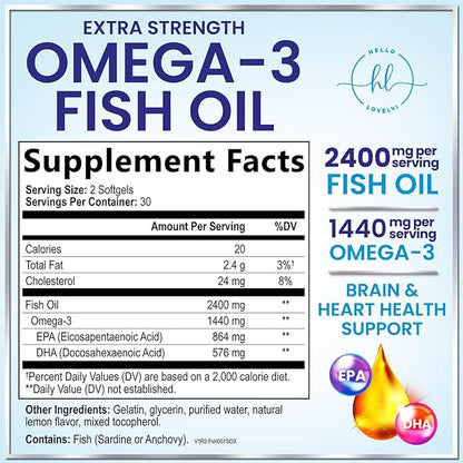Omega 3 Fish Oil Supplements - 2400mg Fish Oil Per Serving - Triple Strength Omega-3 with EPA & DHA Fatty Acids - Natural Heart, Brain & Immune Support - Wild Caught, Bottled in USA - 60 Softgels