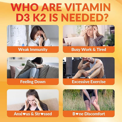 Vitamin D3 K2 Gummies, Sugar Free Vitamin D3 K2 w/Calcium, Magnesium, Omega-3, Vitamin C,B12, K2 D3 Supplement