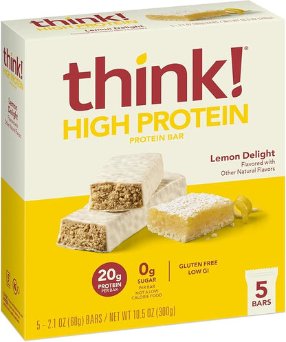 think! Protein Bars, High Protein Snacks, Gluten Free, Sugar Free Energy Bar with Whey Protein Isolate, Lemon Delight, Nutrition Bars without Artificial Sweeteners, 2.1 Oz (30 Count)