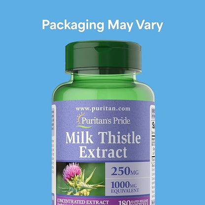 Puritan's Pride Milk Thistle Silymarin 4:1 Concentration Extract 250 mg (1000 mg Equivalent), Dietary Supplement for Traditional Liver Support, 6 Month Supply, 180 Count