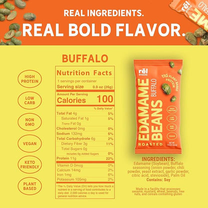 Rel Snacks Buffalo Roasted Edamame – High Protein Low Carb Snack (11g Protein per Serving) – Keto-Friendly, Vegan, Non-GMO – 10-Pack 0.9oz Bags
