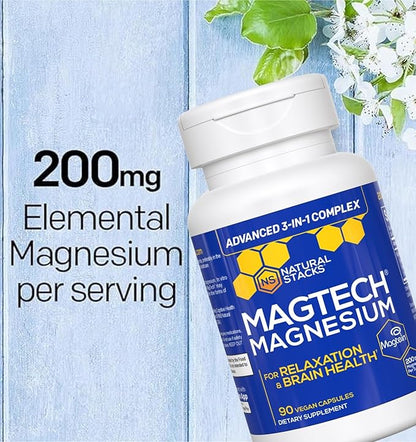 Natural Stacks MagTech Magtein Magnesium L-Threonate, Glycinate & Taurate 200mg Chelated Magnesium Complex Supplement for Relaxation & Brain Health 90 Capsules