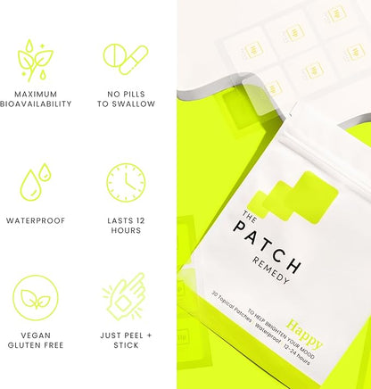The Patch Remedy Happy Patch | 5-HTP, L-Theanine, Rhodiola, Inositol, B6, Vitamin D3 | 30 Patches