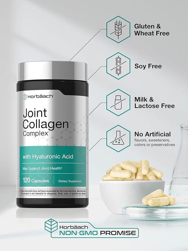 Horbäach Joint Support Supplement | 120 Capsules | with Collagen and Hyaluronic Acid | Joint Health Complex | for Men & Women | Non-GMO, Gluten Free