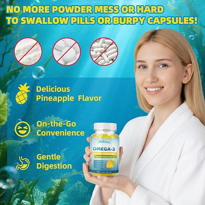 Vegan Omega-3 Gummies 1600mg EPA & DHA from Algal Oil, Fish Oil Alternative for Adults & Kids, Omega 3 Supplement with Vitamin D3 K2 for Brain, Eye & Immune Health Sugar Free Pineapple, 60 Count