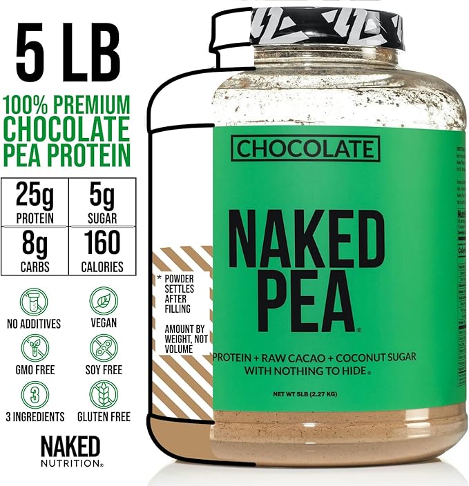 NAKED Nutrition Chocolate Pea Protein Isolate - 5Lb Bulk, NSF Certified, Plant Based, Vegetarian & Vegan Protein. Easy to Digest, Non-GMO, Gluten Free, Lactose Free, Soy Free