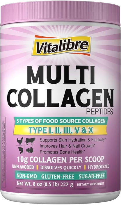 Multi Collagen Peptides Powder Type I II III V X, Hydrolyzed Collagen Protein for Women and Men, Skin, Hair, Nails, Unflavored, Non-GMO, Keto & GF, Zero Sugar, 22 Servings, 8oz