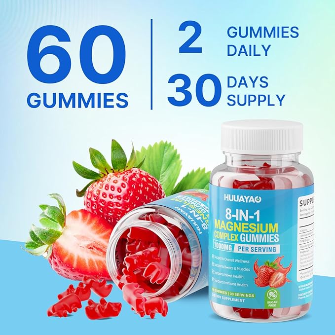 Magnesium Complex Gummies for Women Men 8 in 1, Magnesium Glycinate, Citrate, Malate, Taurate, Supports Bones, Muscle, Nerve Health, Sugar-Free, Vegan Non-GMO, Strawberry Flavor, 60 Count
