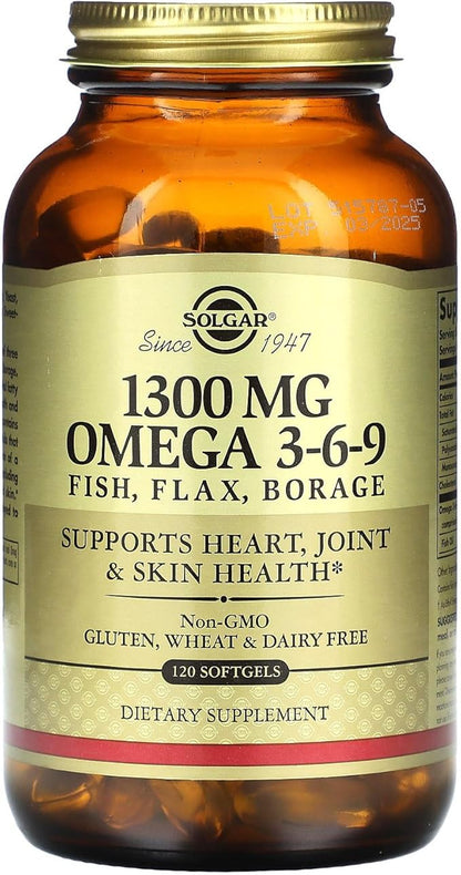 Solgar 1300 mg Omega 3-6-9, 120 Softgels - Fish Oil Supplement - Support for Joint & Skin Health - Includes Flaxseed & Borage - Contains EPA & DHA Omega 3 Fatty Acids - 40 Servings