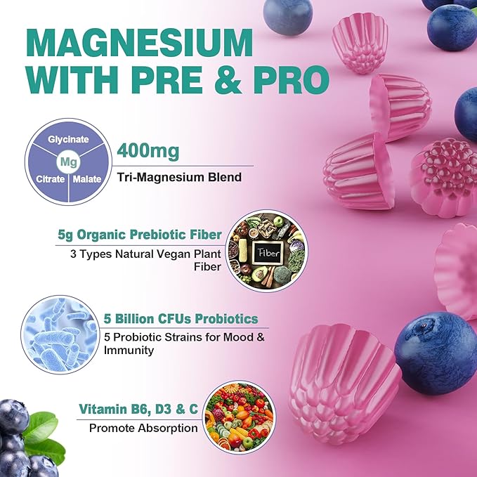 LILICARE Triple Magnesium Complex Gummies 400mg with Prebiotics & Probiotics 5 Billion CFUs, Magnesium Glycinate, Supplement Gummies with Vitamin B6, D3 & C for Muscles & Mood - 60 Count (Pack of 1)