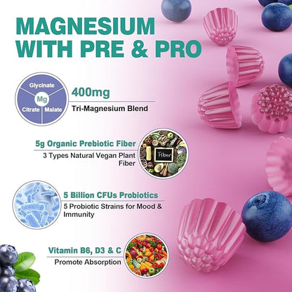Magnesium Complex Gummies 400 mg for Women Men with Prebiotics and Probiotics, Triple Calm Magnesium Glycinate Malate Citrate Gummy Supplement for Relaxation & Digestive Health-Sugar Free, Vegan 120ct