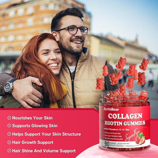 Collagen Gummies with Vitamins C, A, E, Zinc, and Biotin – Hydrolyzed Collagen Peptide Supplement for Hair, Skin, and Nails – Vegan, Sugar-Free, Strawberry Flavor – 90 Gummy