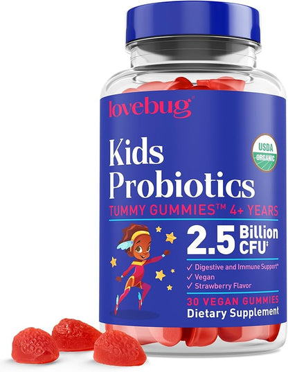 LOVEBUG Kids Probiotic Gummies – Organic Chewable Probiotics for Kids Aged 4+, Soil-Based Children’s Probiotic for Gut Health, Constipation, Digestive & Immune Support, Vegan, 30 Chews, Strawberry