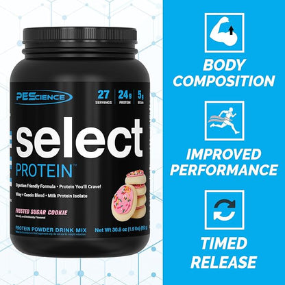 PEScience Select Protein Powder, Whey and Casein Blend, Lean Protein Powder for Women and Men, Low Calorie, Low Carb, Keto Friendly, Gluten Free, Frosted Sugar Cookie - 27 Servings