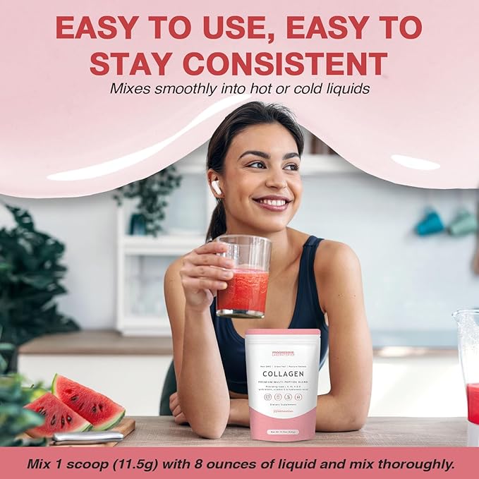Multi-Type Collagen Powder (Watermelon) – Types I, II, III, V & X for Skin, Hair, Nail & Joint Support – Multi Collagen Supplement With Biotin, Vitamin C & Hyaluronic Acid – Grass-Fed, Non-GMO