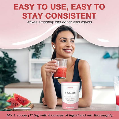 Multi-Type Collagen Powder (Watermelon) – Types I, II, III, V & X for Skin, Hair, Nail & Joint Support – Multi Collagen Supplement With Biotin, Vitamin C & Hyaluronic Acid – Grass-Fed, Non-GMO