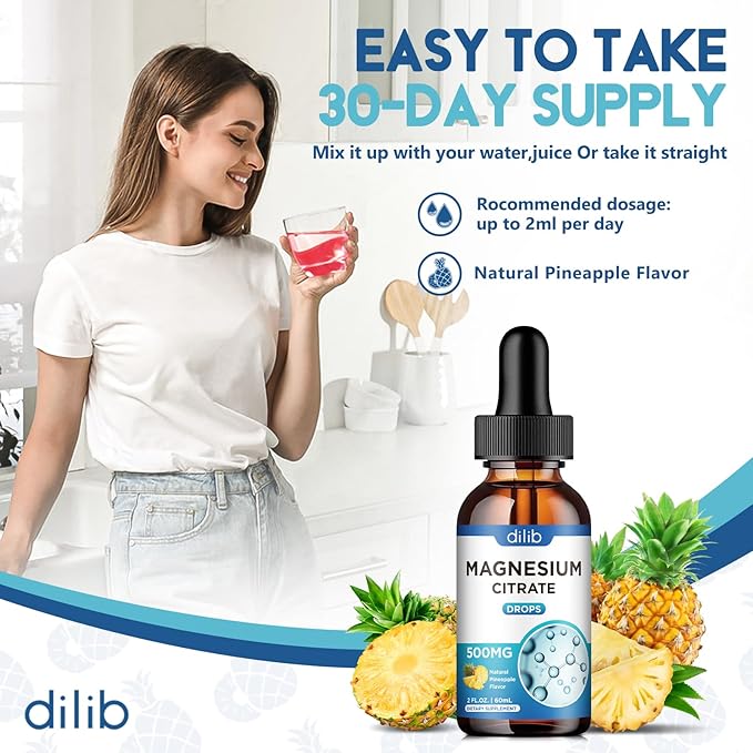 Magnesium Citrate Liquid Drops, Liquid Magnesium Supplement 500mg, Support Stress Relief, Sleep, Mood, Bones, Muscles, Relaxation, Vegan Natural Pineapple Flavor 4 Fl Oz