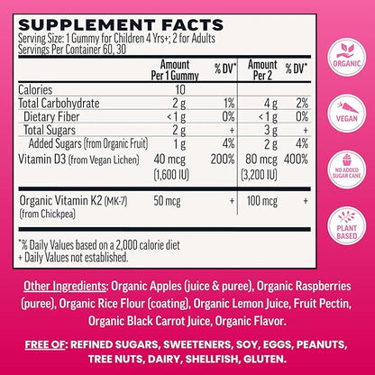 Llama Naturals Vitamin D3, Vegan, Organic Immune Support Supplement, Vitamin D Gummies for Adults and Kids, Real Fruit Gummy Vitamins, Promotes Bone Health, No Added Sugar Cane, Raspberry, 60 Ct
