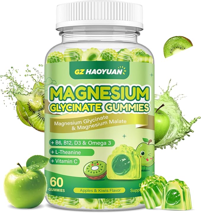 Magnesium Glycinate Gummies for Kids & Adults - Sugar Free Magnesium Malate with L-Theanine, Omega-3, Vitamin D3, B6, B12, C- Sleep, Calm, Relaxation, Brain, Bones, Green Apple & Kiwi, 60ct (2 Pack)