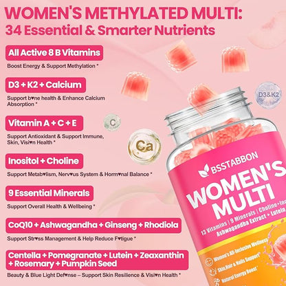 Organic Women's Multivitamin Gummies: Vegan Vitamin Supplement with Iron B12 D3 Biotin Magnesium Plus Ashwagandha for Hair Skin Health Boost Energy - Sugar Free Methylated Gummy(120Count)