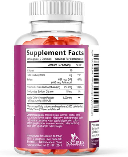 Apple Cider Vinegar Gummies 1000mg per Serving - Sugar Free Max Strength ACV Gummy Vitamins Supplement, Advanced Formula, Vitamin B12 Supports Metabolism & Energy, Keto Friendly, Vegan, 60 Gummies