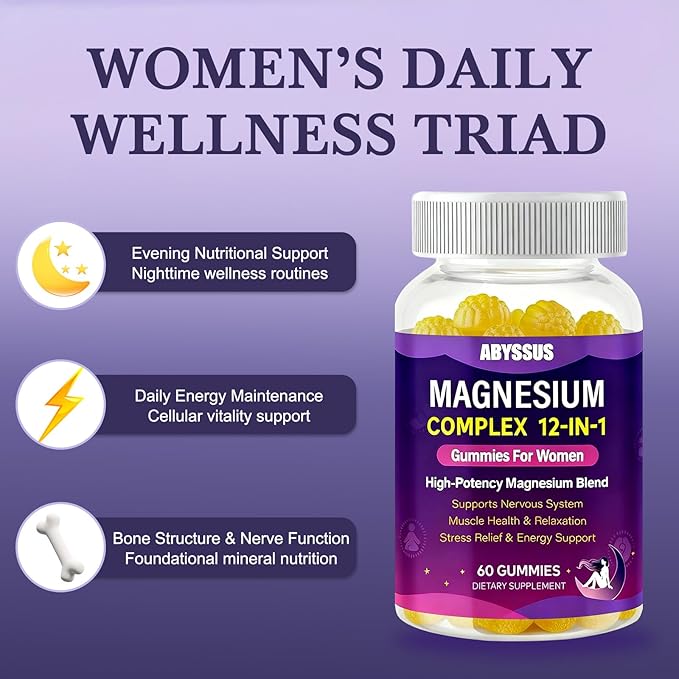 ABYSSUS Magnesium Complex Gummies for Women, Stress & Relaxation Support & Daily Well-Being with 12-in-1 Magnesium & Ashwagandha L-Theanine, 60 Gummies