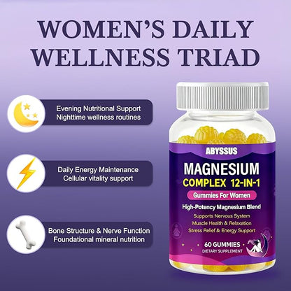 ABYSSUS Magnesium Complex Gummies for Women, Stress & Relaxation Support & Daily Well-Being with 12-in-1 Magnesium & Ashwagandha L-Theanine, 60 Gummies