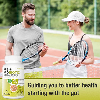 Ascuoli Probiotics for Women & Men - 300 Billion CFU, 24 Strains Probiotics + 15 Organic Herbs Blend, Daily Probiotic for Digestive Health, Immune, Gut, Bloating - 60 Capsule