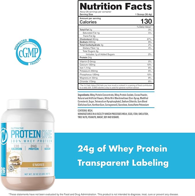 NutraOne ProteinOne Whey Protein Promote Recovery and Build Muscle with a Protein Shake Powder for Men & Women (S’Mores - 2 lbs.)