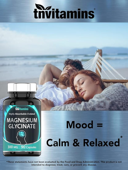 tnvitamins Magnesium Glycinate 300mg, 90 Capsules | High Absorption Chelated Magnesium for Sleep, Calm & Muscle Support* | Non-GMO, Gentle, Non-Laxative | TNVitamins