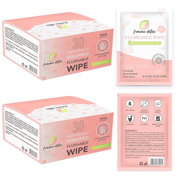 Flushable Feminine Wipes pH-Balanced & Unscented for Sensitive Skin | Individually Wrapped, Septic-Safe, Aloe-Infused | Travel & Home Use (60 Count)