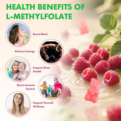MEENCCD L-Methylfolate 15mg Gummies, Methylfolate Supplement, 5-MTHF Supplement - Active 5-MTHF - Supports Overall Wellness, Vegan, Raspberry Flavor, 60 Count