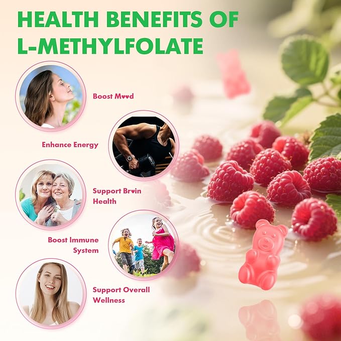 MEENCCD 2 Pack L-Methylfolate 15mg Gummies, Methylfolate Supplement, 5-MTHF Supplement - Active 5-MTHF - Supports Overall Wellness, Vegan, Raspberry Flavor, 120 Count