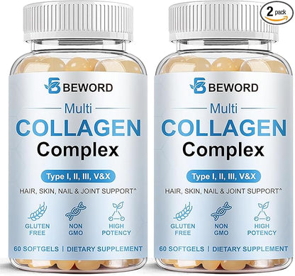 BEWORD Multi Collagen Softgels for Women & Men, 120 Capsules - Type I,II,III,V,X Hydrolyzed Collagen w/Vitamin C & Hyaluronic Acid - Supports Skin, Hair, Nails, Joints - Grass-Fed, Non-GMO, 2 Pack