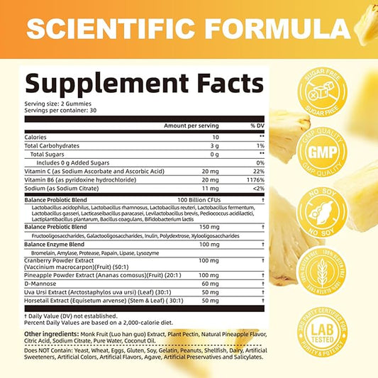 Premium Feminine Balance Gummies – 2 Pack, Probiotic + Enzyme Blend for Digestive, Hormone & PH Balance, Pineapple Flavor, 120 Gummies