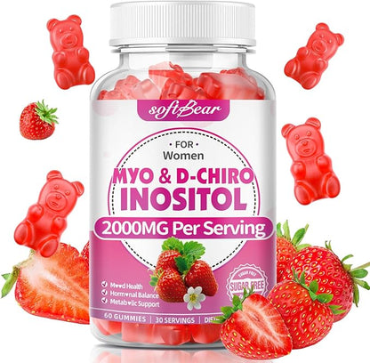 softbear Inositol Supplement for Women, Myo-Inositol & D-Chiro Inositol Gummies Ideal 40:1 Ratio for Female Health & Wellness, Sugar-Free/Veagn/GMO-Free, Strawberry Flavor, 60 Count