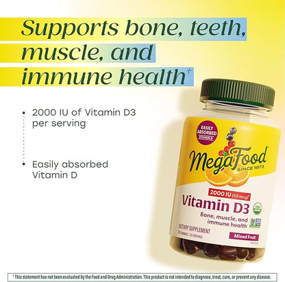 MegaFood Vitamin D3 Gummies 2000 IU (50 mcg) - Vitamin D Gummies Mixed Fruit Flavor, Bone, Muscle & Immune Support Supplement, Vegetarian, Gluten-Free, USDA Organic – 70 Gummies, 35 Servings