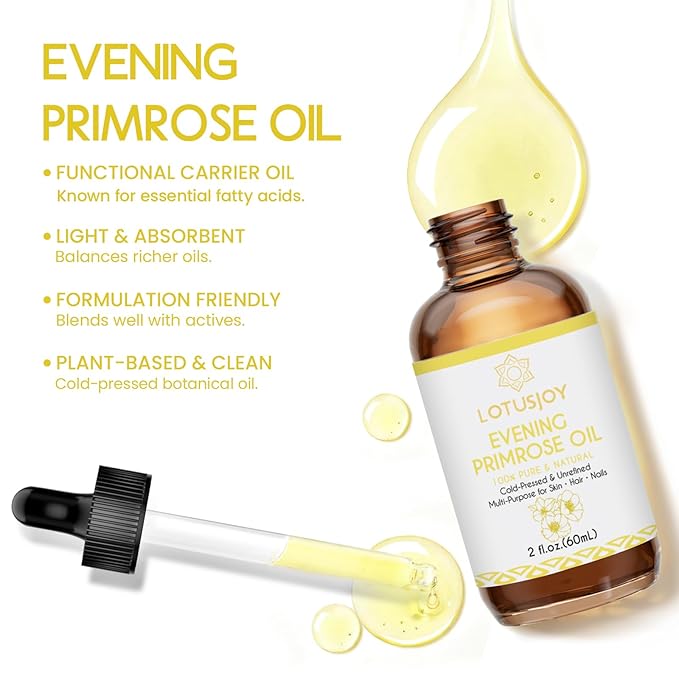 Evening Primrose Oil for Skin Hair Nails, 100% Pure & Natural Carrier Oil, Cold-Pressed & Unrefined, Multi-Purpose Body Oil, 2 Fl Oz
