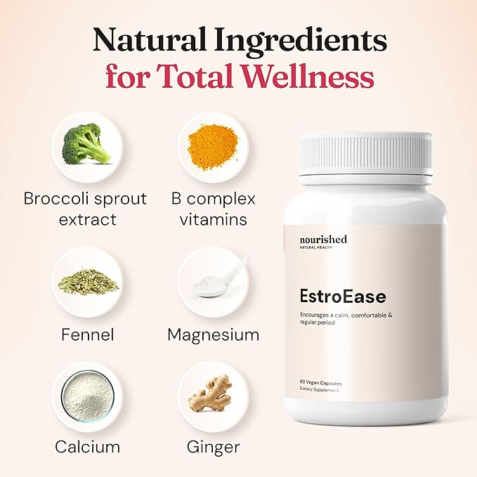 Nourished Natural Health EstroEase – Hormone Balance for Women, Menstrual Cycle and PMS Support Supplement for Women - PMS Relief from Cramps, Bloating and Mood Swings – Vegan, Non-GMO – 240 Capsules